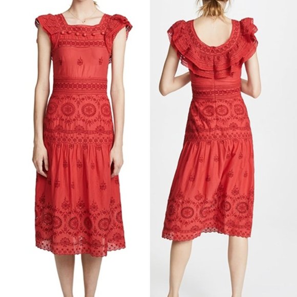 Sea New York Embroidered Midi Dress SZ 2 Red Eyelet Detail Flutter Sleeve - Picture 2 of 11